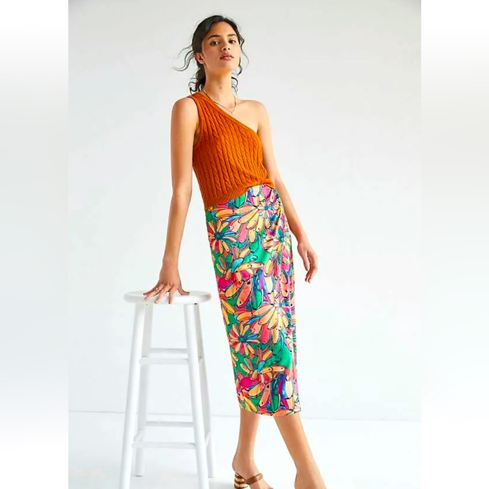 Anthropologie Farm Rio Getaway Midi Stretch Skirt Faux Wrap Size S